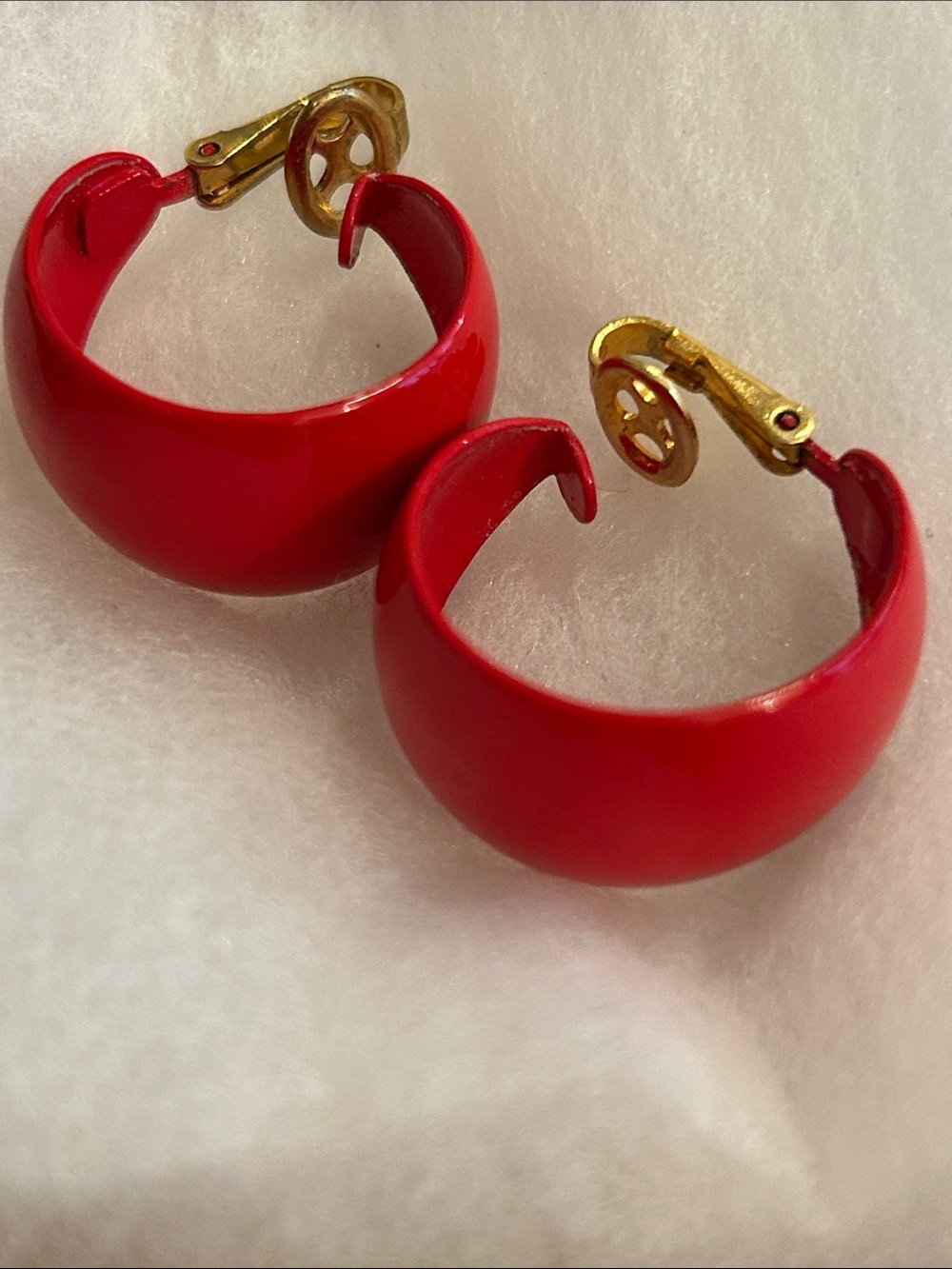 Classic Red Enamel Hoop Clip-On Earrings with Gold Tone Hardware